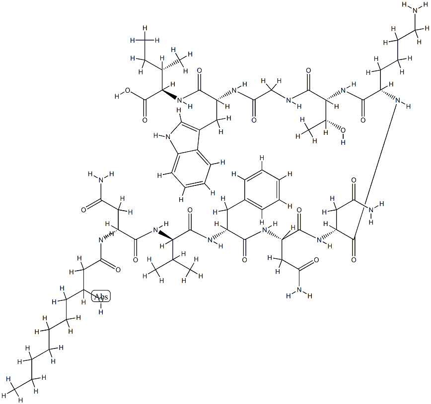 N2-(3-Hydroxy-1-oxodecyl)-D-Asn-D-Val-D-Phe-L-Asn-D-Asn-L-Lys-D-aThr-Gly-D-Trp-D-aIle-OH结构式