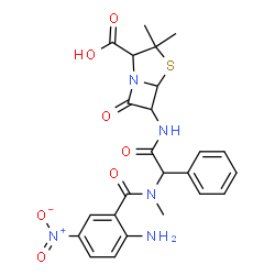 4-Thia-1-azabicyclo[3.2.0]heptane-2-carboxylicacid,6-[2-(2-amino-N-methyl-5-nitrobenzamido)-2-phenylacetamido]-3,3-dimethyl-7-oxo-,DL-(8CI)结构式