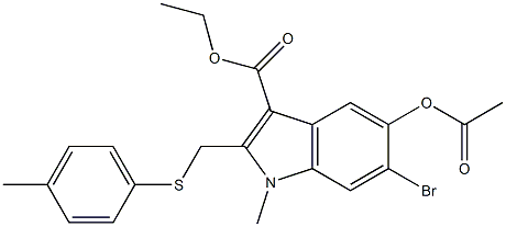 乙基 5-乙酰氧基-6-溴-1-甲基-2-(P-苯甲基硫代甲基)-1H-吲哚-3-羧酸酯结构式