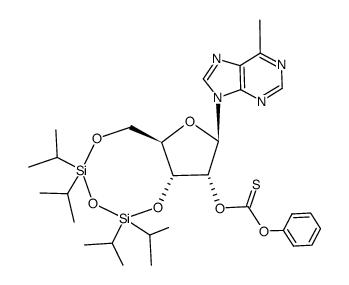 O-phenyl O-((6aR,8R,9R,9aR)-2,2,4,4-tetraisopropyl-8-(6-methyl-9H-purin-9-yl)tetrahydro-6H-furo[3,2-f][1,3,5,2,4]trioxadisilocin-9-yl) carbonothioate结构式