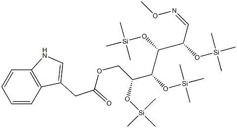 D-Glucose, 2,3,4,5-tetrakis-O-(trimethylsilyl)-, O-methyloxime, 6-(1H- indole-3-acetate) structure