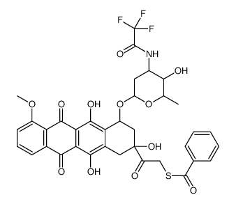 S-[2-oxo-2-[2,5,12-trihydroxy-4-[5-hydroxy-6-methyl-4-[(2,2,2-trifluoroacetyl)amino]oxan-2-yl]oxy-7-methoxy-6,11-dioxo-3,4-dihydro-1H-tetracen-2-yl]ethyl] benzenecarbothioate结构式