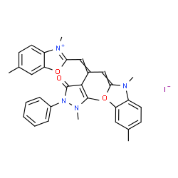 2-[2-(2,3-dihydro-1,5-dimethyl-3-oxo-2-phenyl-1H-pyrazol-4-yl)-3-(3,6-dimethyl-3H-benzoxazol-2-ylidene)prop-1-enyl]-3,6-dimethylbenzoxazolium iodide structure