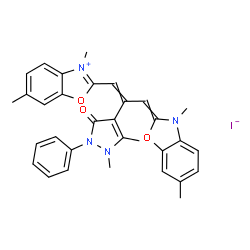 2-[2-(2,3-dihydro-1,5-dimethyl-3-oxo-2-phenyl-1H-pyrazol-4-yl)-3-(3,6-dimethyl-3H-benzoxazol-2-ylidene)prop-1-enyl]-3,6-dimethylbenzoxazolium iodide结构式