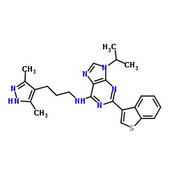 2-(benzo[b]thiophen-3-yl)-N-(3-(3,5-dimethyl-1H-pyrazol-4-yl)propyl)-9-isopropyl-9H-purin-6-amine structure