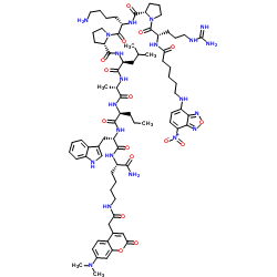6-(7-Nitro-benzo[2,1,3]oxadiazol-4-ylamino)-hexanoyl-Arg-Pro-Lys-Pro-Leu-Ala-Nva-Trp-Lys(7-dimethylaminocoumarin-4-yl)-NH2结构式