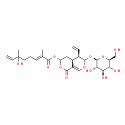 6-Hydroxy-2,6-dimethyl-2,7-octadienoic acid 5-ethenyl-6-(β-D-glucopyranosyloxy)-4,4a,5,6-tetrahydro-1-oxo-1H,3H-pyrano[3,4-c]pyran-3-yl ester结构式