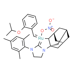 [2-(1-甲基乙氧基-O)苯基甲基-C](硝酸基-O,O′){rel-(2R,5R,7R)-金刚烷-2,1-二基[3-(2,4,6-三甲基苯基)-1-咪唑烷基-2-基亚基]}钌, Grubbs′ Z-选择性催化剂, Grubbs Z 选择性复分解催化剂, Grubbs 催化剂 C633, [2-(1-甲基乙氧基-O)苯基甲基-C](硝酸基-O,O′){rel-(2R,5R,7S)-三环[3.3.1.1 3,7]癸烷-2,1-二基[3-(2,4,6-三甲基苯基)-1-咪唑烷基-2-基亚基]}钌结构式