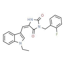 (5E)-5-[(1-ethyl-1H-indol-3-yl)methylidene]-3-(2-fluorobenzyl)imidazolidine-2,4-dione structure