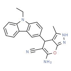 6-amino-4-(9-ethyl-9H-carbazol-3-yl)-3-methyl-1,4-dihydropyrano[2,3-c]pyrazole-5-carbonitrile结构式
