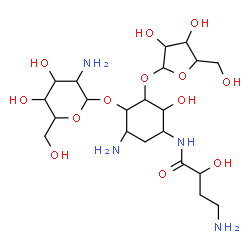 4-O-(2-Amino-2-deoxy-α-D-glucopyranosyl)-5-O-(β-D-xylofuranosyl)-N1-(4-amino-2-hydroxy-1-oxobutyl)-2-deoxy-D-streptamine结构式