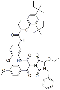 .alpha.-(4-Methoxybenzoyl)-.alpha.-(1-benzyl-5-ethoxy-3-hydantoinyl)-5'-[.alpha.-(2,4-di-tert-amylphenoxy)butylamido]-2'-chloroacetanilide structure