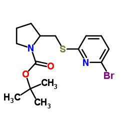 2-Methyl-2-propanyl 2-{[(6-bromo-2-pyridinyl)sulfanyl]methyl}-1-pyrrolidinecarboxylate结构式