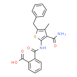 2-({[3-(aminocarbonyl)-5-benzyl-4-methyl-2-thienyl]amino}carbonyl)benzoic acid structure
