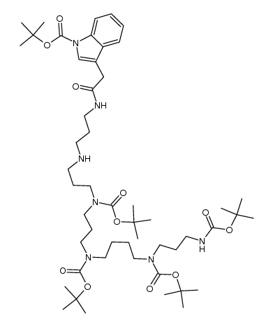 28-[1-[(1,1-dimethylethoxy)carbonyl]-1H-indol-3-yl]-2,2-dimethyl-4,27-dioxo-3-oxa-5,9,14,18,22,26-hexaazaoctacosane-9,14,18-tricarboxylic acid tris(1,1-dimethylethyl) ester结构式