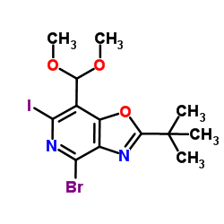 4-Bromo-7-(dimethoxymethyl)-6-iodo-2-(2-methyl-2-propanyl)[1,3]oxazolo[4,5-c]pyridine结构式