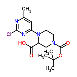 1-(2-Chloro-6-methyl-4-pyrimidinyl)-4-{[(2-methyl-2-propanyl)oxy]carbonyl}-2-piperazinecarboxylic acid结构式