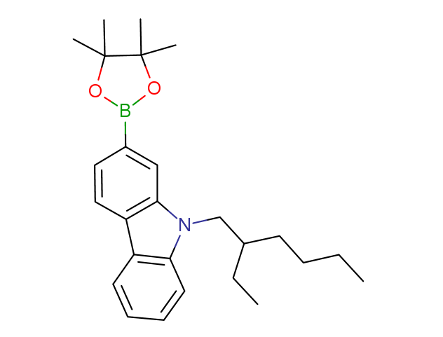 9-(2-ethylhexyl)-2-(4,4,5,5-tetramethyl-1,3,2-dioxaborolan-2-yl)-9H-carbazole结构式