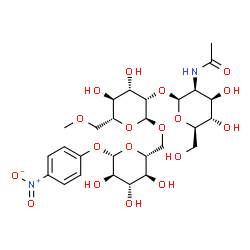 4-nitrophenyl O-(2-acetamido-2-deoxyglucopyranosyl)-(1-2)-O-(6-O-methylmannopyranosyl)-(1-6)-glucopyranoside Structure