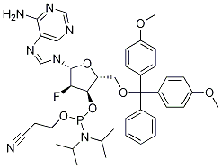 (2R,3R,4R,5R)-5-(6-氨基-9H-嘌呤-9-基)-2-((双(4-甲氧基苯基)(苯基)甲氧基)甲基)-4-氟四氢呋喃-3-(2-氰基乙基)二异丙基亚磷酰胺结构式