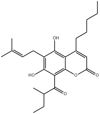 5,7-Dihydroxy-6-(3-methyl-2-butenyl)-8-(2-methyl-1-oxobutyl)-4-pentyl-2H-1-benzopyran-2-one Structure