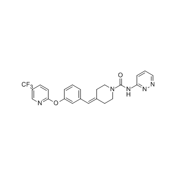 N-哒嗪-3-基-4-(3-{[5-(三氟甲基)吡啶-2-基]醚}苯亚甲基丙酮)哌啶-1-羧酰胺结构式