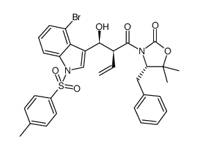 (S)-4-benzyl-3-((S)-2-((S)-hydroxy(1-tosyl-1H-indol-3-yl)methyl)but-3-enoyl)-5,5-dimethyloxazolidin-2-one结构式