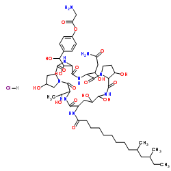 4-{2-[20-(3-Amino-1-hydroxy-3-oxopropyl)-9-[(10,12-dimethyltetradecanoyl)amino]-2,11,12,15-tetrahydroxy-6-(1-hydroxyethyl)-5,8,14,19,22,25-hexaoxotetracosahydro-1H-dipyrrolo[2,1-c:2',1'-l][1,4,7,10,13,16]hexaazacyclohenicosin-23-yl]-1,2-dihydroxyethyl}phenyl glycinate hydrochloride (1:1)结构式