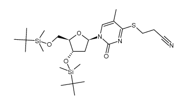 3-((1-((2R,4S,5R)-4-((tert-butyldimethylsilyl)oxy)-5-(((tert-butyldimethylsilyl)oxy)methyl)tetrahydrofuran-2-yl)-5-methyl-2-oxo-1,2-dihydropyrimidin-4-yl)thio)propanenitrile Structure