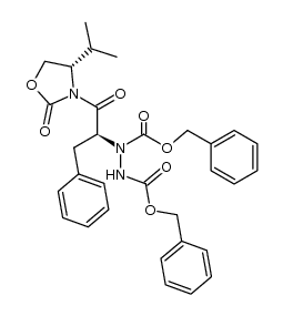 dibenzyl 1-((S)-1-((S)-4-isopropyl-2-oxooxazolidin-3-yl)-1-oxo-3-phenylpropan-2-yl)hydrazine-1,2-dicarboxylate Structure