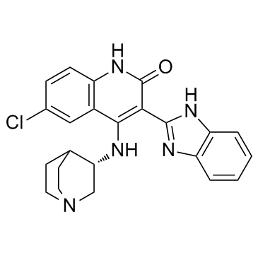 4-[((3S)-1-氮杂双环[2,2,2]辛-3-基)氨基]-3-(1H-苯并咪唑-2-基)-6-氯喹啉-2(1H)-酮结构式