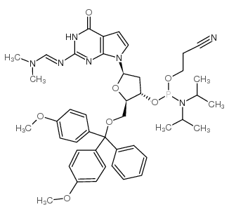 5'-o-(4,4'-dimethoxytrityl)-n2-dimethylaminomethylene-7-deaza-2'-deoxyguanosine, 3'-[(2-cyanoethyl)-(n,n-diisopropyl)]phosphoramidite结构式