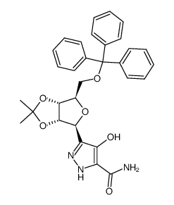 4-hydroxy-3-(2',3'-O-isopropylidene-5'-O-trityl-β-D-ribofuranosyl)pyrazole-5-carboxamide结构式