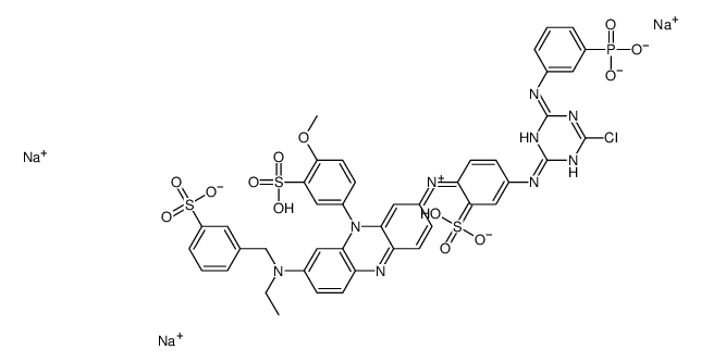 trisodium,5-[[4-chloro-6-[3-[hydroxy(oxido)phosphoryl]anilino]-1,3,5-triazin-2-yl]amino]-2-[[8-[ethyl-[(3-sulfonatophenyl)methyl]amino]-10-(4-methoxy-3-sulfonatophenyl)phenazin-10-ium-2-yl]amino]benzenesulfonate Structure