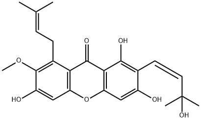 9H-Xanthen-9-one, 1,3,6-trihydroxy-2-[(1Z)-3-hydroxy-3-methyl-1-buten-1-yl]-7-methoxy-8-(3-methyl-2-buten-1-yl)- structure