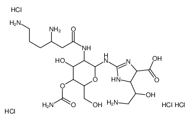 (4S)-5-(2-amino-1-hydroxyethyl)-2-[[(2R,3R,4R,5S,6R)-5-carbamoyloxy-3-(3,6-diaminohexanoylamino)-4-hydroxy-6-(hydroxymethyl)oxan-2-yl]amino]-4,5-dihydro-1H-imidazole-4-carboxylic acid,tetrahydrochloride结构式