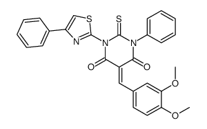 (5E)-5-[(3,4-dimethoxyphenyl)methylidene]-1-phenyl-3-(4-phenyl-1,3-thi azol-2-yl)-2-sulfanylidene-1,3-diazinane-4,6-dione结构式