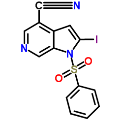 2-Iodo-1-(phenylsulfonyl)-1H-pyrrolo[2,3-c]pyridine-4-carbonitrile structure
