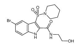 5-bromo-N-(2-hydroxyethyl)-3-(piperidin-1-ylsulfonyl)-1H-indole-2-carboxamide结构式