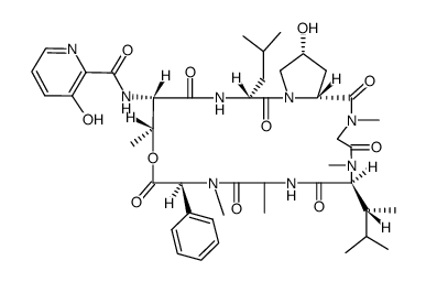 N-(3-hydroxy-pyridine-2-carbonyl)-Ls-threonyl->D-leucyl->cis-4-hydroxy-D-prolyl->N-methyl-glycyl->4,N-dimethyl-L-alloisoleucyl->L-alanyl->(S)-N-methyl-2-phenyl-glycine [1]3-lactone结构式
