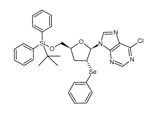 6-chloro-9-[5-O-(tert-butyldiphenylsilyl)-3-deoxy-2-Se-phenyl-2-seleno-β-D-erythro-pentofuranosyl]-9H-purine结构式