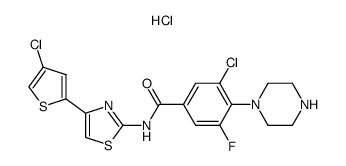 3-chloro-N-[4-(4-chlorothiophen-2-yl)thiazol-2-yl]-5-fluoro-4-piperazin-1-ylbenzamide hydrochloride结构式