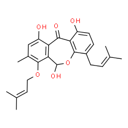 1,6,10-Trihydroxy-4-(3-methyl-2-butenyl)-7-[(3-methyl-2-butenyl)oxy]-8-methyldibenz[b,e]oxepin-11(6H)-one Structure