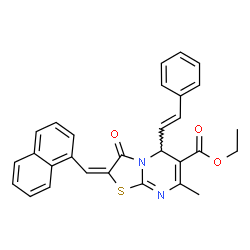 ethyl (2E)-7-methyl-2-(naphthalen-1-ylmethylidene)-3-oxo-5-[(E)-2-phenylethenyl]-2,3-dihydro-5H-[1,3]thiazolo[3,2-a]pyrimidine-6-carboxylate structure