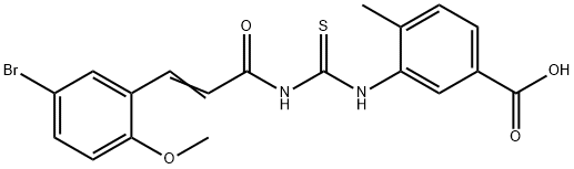 3-[[[[3-(5-bromo-2-methoxyphenyl)-1-oxo-2-propenyl]amino]thioxomethyl]amino]-4-methyl-benzoic acid structure