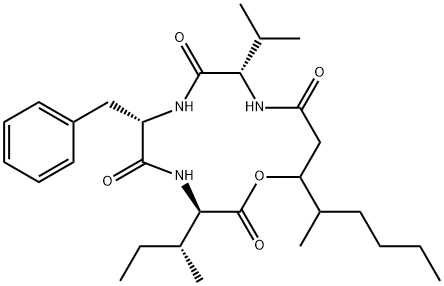 N-[N-[N-(3-Hydroxy-4-methyl-1-oxooctyl)-L-valyl]-L-phenylalanyl]-D-isoleucine λ-lactone structure