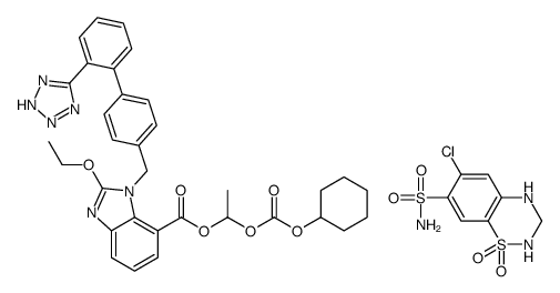 6-chloro-1,1-dioxo-3,4-dihydro-2H-1λ6,2,4-benzothiadiazine-7-sulfonamide,1-cyclohexyloxycarbonyloxyethyl 2-ethoxy-3-[[4-[2-(2H-tetrazol-5-yl)phenyl]phenyl]methyl]benzimidazole-4-carboxylate Structure