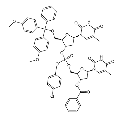 2'-O-benzoyl-P-(p-chlorophenyl)thymidylyl-(5'→3')-5'-O-(p,p'-dimethoxytrityl)thymidine structure