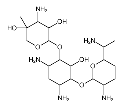 (+)-4-O-(2,6-Diamino-2,3,4,6,7-pentadeoxy-α-D-ribo-heptopyranosyl)-6-O-(3-amino-4-C-methyl-3-deoxy-β-L-arabino-pentopyranosyl)-2-deoxy-D-streptamine结构式