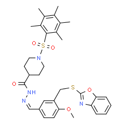 4-Piperidinecarboxylicacid,1-[(pentamethylphenyl)sulfonyl]-,[[3-[(2-benzoxazolylthio)methyl]-4-methoxyphenyl]methylene]hydrazide(9CI) Structure